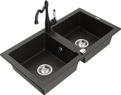 Mexen Mario 2-bowl granite sink with Carla kitchen tap, black/gold metallic - 6504-75-670700-70