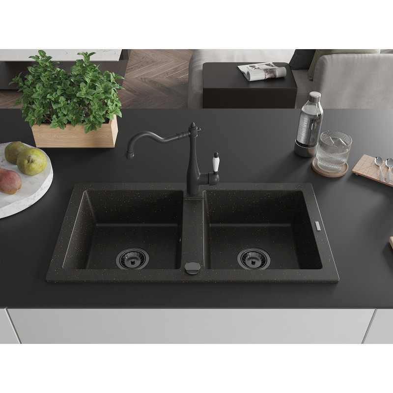 Mexen Mario 2-bowl granite sink with kitchen faucet Carla, black/gold metallic - 6504-75-670700-70-B