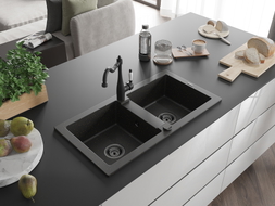 Mexen Mario Granite Double-Bowl Kitchen Sink with Carla Faucet, Black/Gold Metallic - 6504-75-670700-70-B