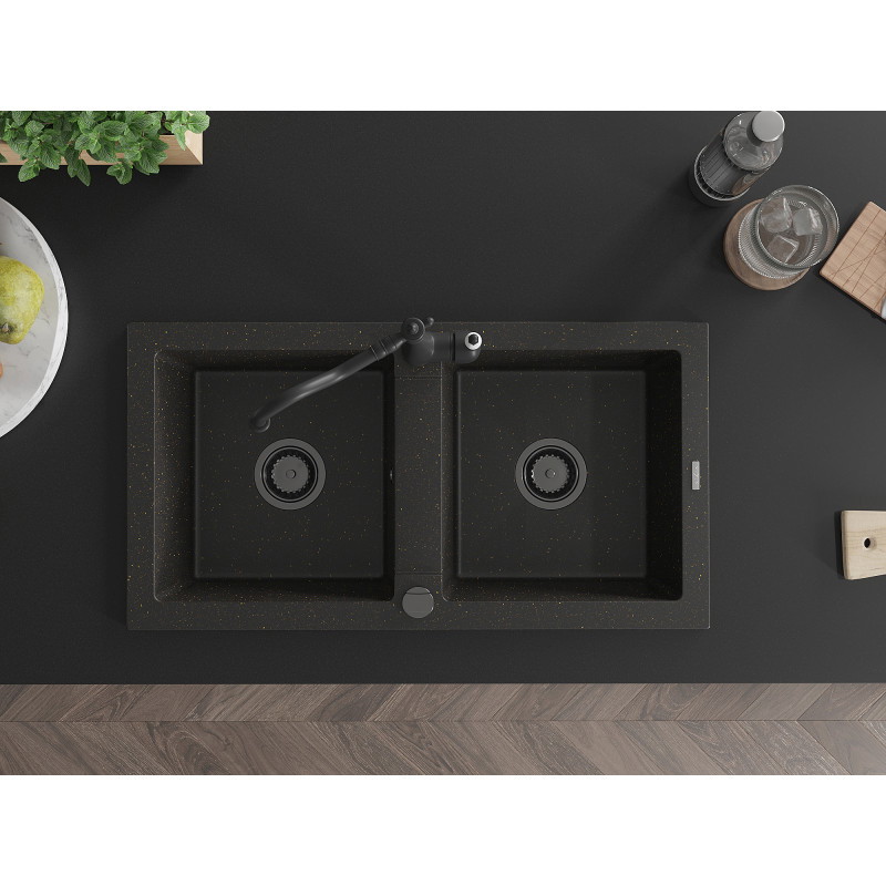 Mexen Mario 2-bowl granite sink with kitchen faucet Carla, black/gold metallic - 6504-75-670700-70-B