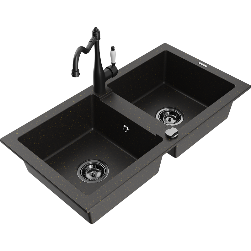 Mexen Mario 2-bowl granite sink with kitchen faucet Carla, black/gold metallic - 6504-75-670700-70-B