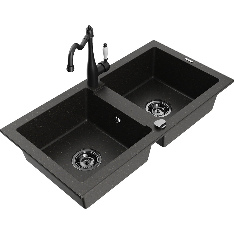 Mexen Mario Granite Double-Bowl Kitchen Sink with Carla Faucet, Black/Gold Metallic - 6504-75-670700-70-B