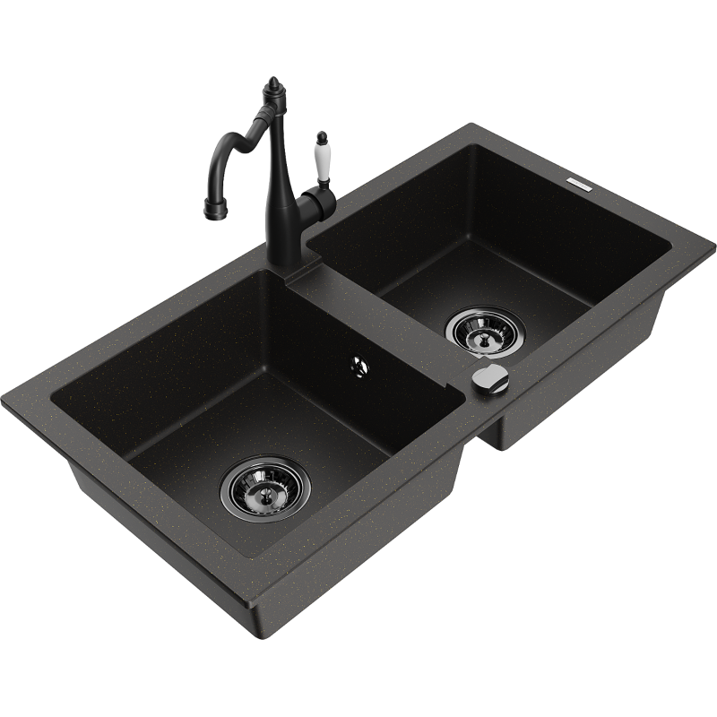 Mexen Mario granite kitchen sink with 2 bowls and Carla kitchen tap, black/gold metallic - 6504-75-670700-70-B
