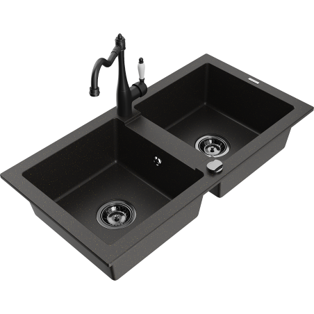 Mexen Mario 2-bowl granite sink with kitchen faucet Carla, black/gold metallic - 6504-75-670700-70-B