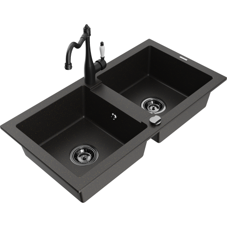 Mexen Mario granite kitchen sink with 2 bowls and Carla kitchen tap, black/gold metallic - 6504-75-670700-70-B