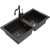 Mexen Mario granite kitchen sink with 2 bowls and Carla kitchen tap, black/gold metallic - 6504-75-670700-70-B