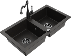 Mexen Mario granite kitchen sink with 2 bowls and Carla kitchen tap, black/gold metallic - 6504-75-670700-70-B