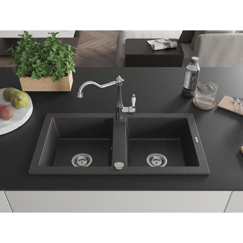 Mexen Mario Granite Sink 2-Chamber with Carla Kitchen Tap, Black Speckled - 6504-76-670700-00
