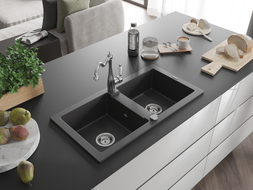 Mexen Mario granite kitchen sink 2-bowl with kitchen faucet Carla, black speckled - 6504-76-670700-00