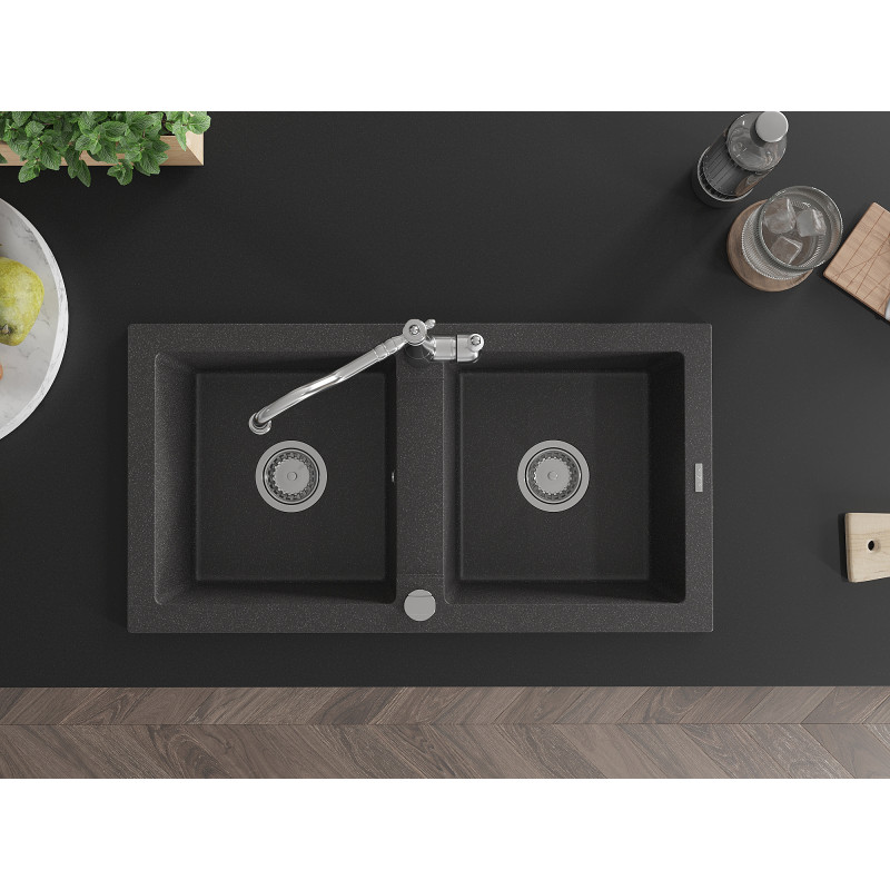 Mexen Mario granite double-bowl sink with Carla kitchen faucet, black speckled - 6504-76-670700-00
