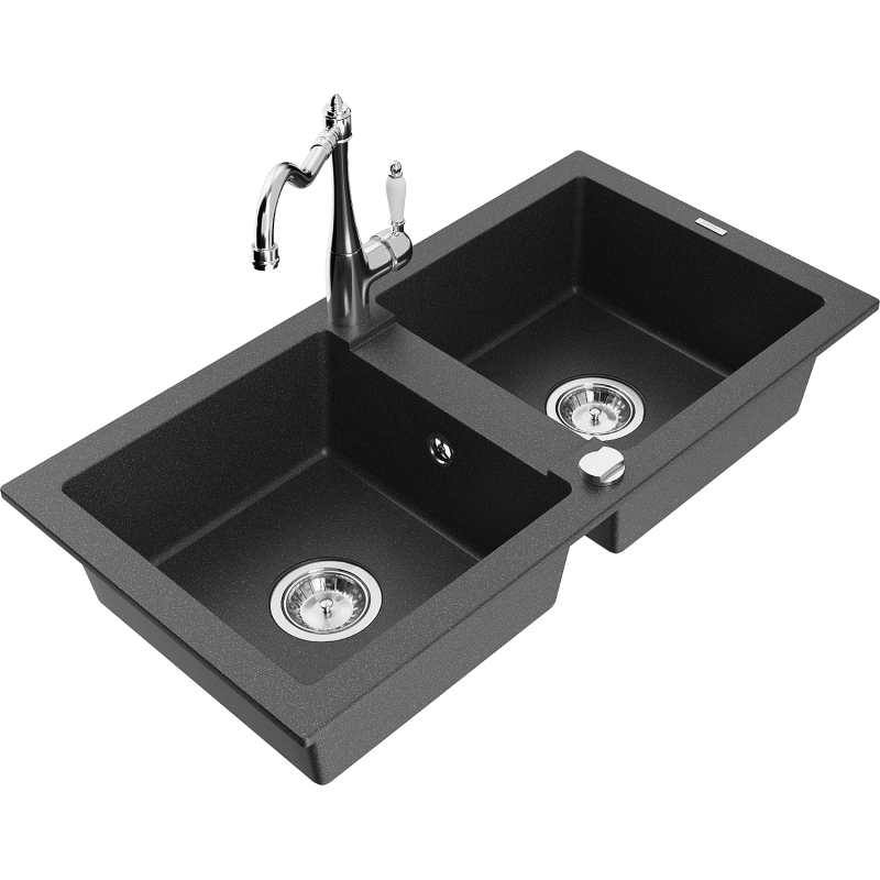 Mexen Mario 2-compartment granite sink with a kitchen mixer tap Carla, spotted black - 6504-76-670700-00