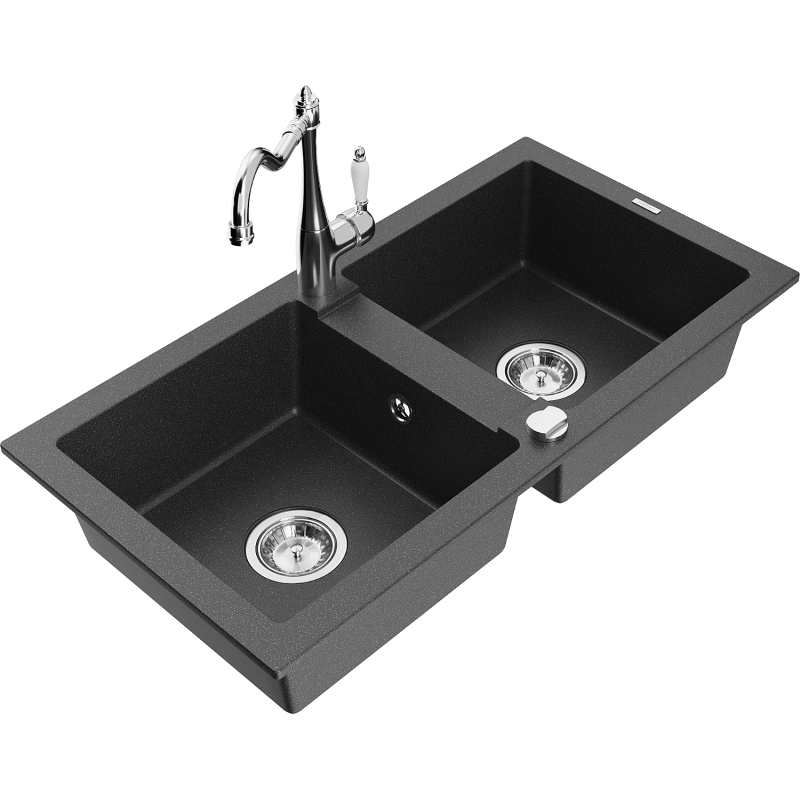Mexen Mario granite double-bowl sink with Carla kitchen faucet, black speckled - 6504-76-670700-00