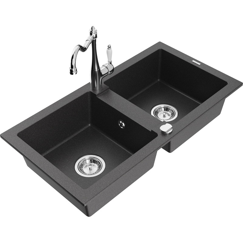Mexen Mario granite kitchen sink 2-bowl with kitchen faucet Carla, black speckled - 6504-76-670700-00