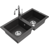 Mexen Mario granite kitchen sink 2-bowl with kitchen faucet Carla, black speckled - 6504-76-670700-00