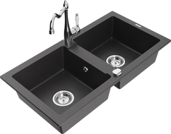 Mexen Mario granite kitchen sink 2-bowl with kitchen faucet Carla, black speckled - 6504-76-670700-00