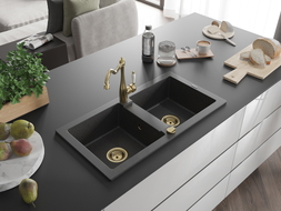 Mexen Mario granite 2-bowl kitchen sink with kitchen faucet Carla, black speckled - 6504-76-670700-50