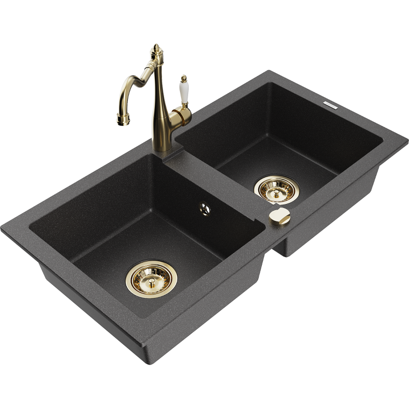 Mexen Mario 2-bowl granite sink with Carla kitchen tap, black speckled - 6504-76-670700-50