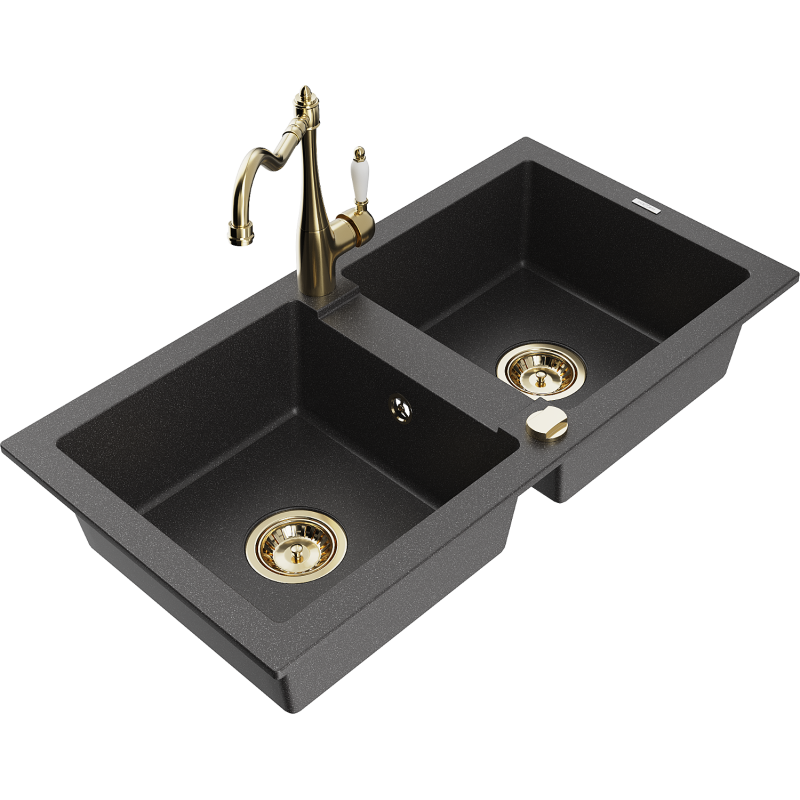 Mexen Mario 2-compartment granite sink with a kitchen mixer tap Carla, spotted black - 6504-76-670700-50