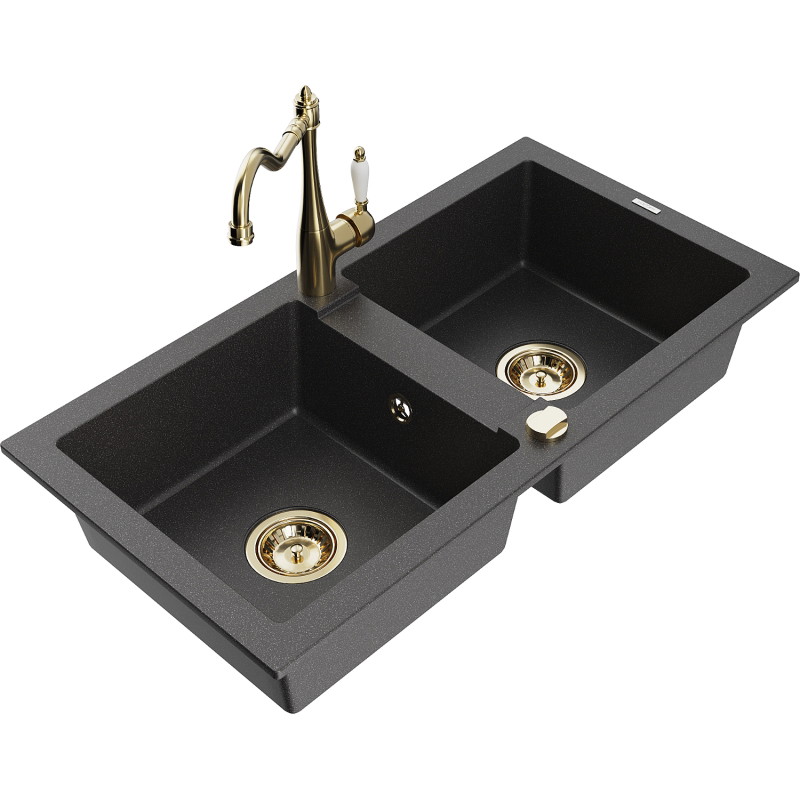 Mexen Mario granite 2-bowl kitchen sink with kitchen faucet Carla, black speckled - 6504-76-670700-50