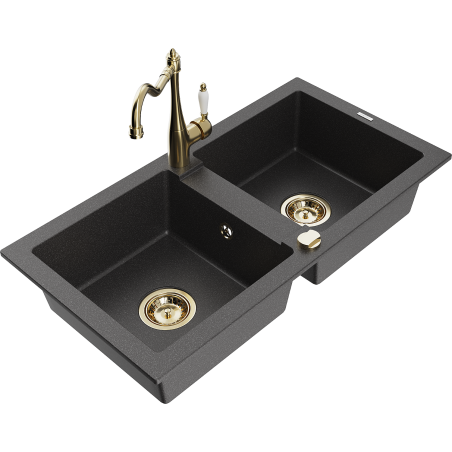 Mexen Mario 2-bowl granite sink with Carla kitchen tap, black speckled - 6504-76-670700-50