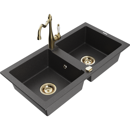 Mexen Mario 2-compartment granite sink with a kitchen mixer tap Carla, spotted black - 6504-76-670700-50