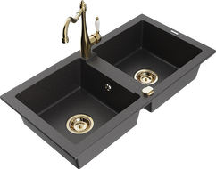 Mexen Mario 2-bowl granite sink with Carla kitchen tap, black speckled - 6504-76-670700-50