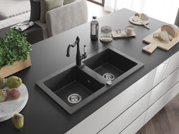 Mexen Mario 2-bowl granite sink with kitchen faucet Carla, speckled black - 6504-76-670700-70