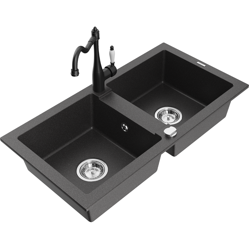 Mexen Mario 2-bowl granite sink with Carla kitchen faucet, speckled black - 6504-76-670700-70