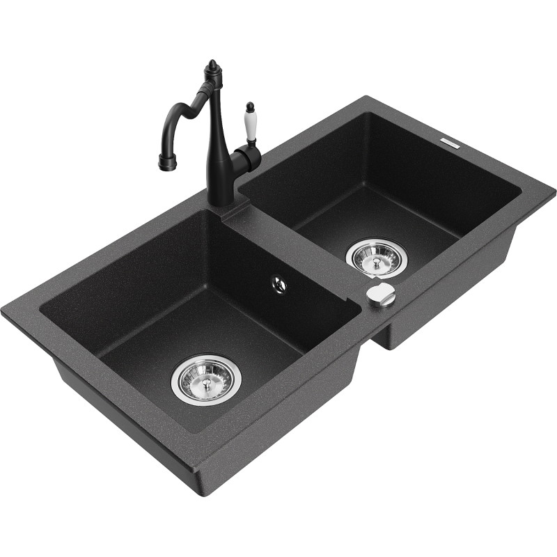 Mexen Mario 2-bowl granite sink with kitchen faucet Carla, speckled black - 6504-76-670700-70