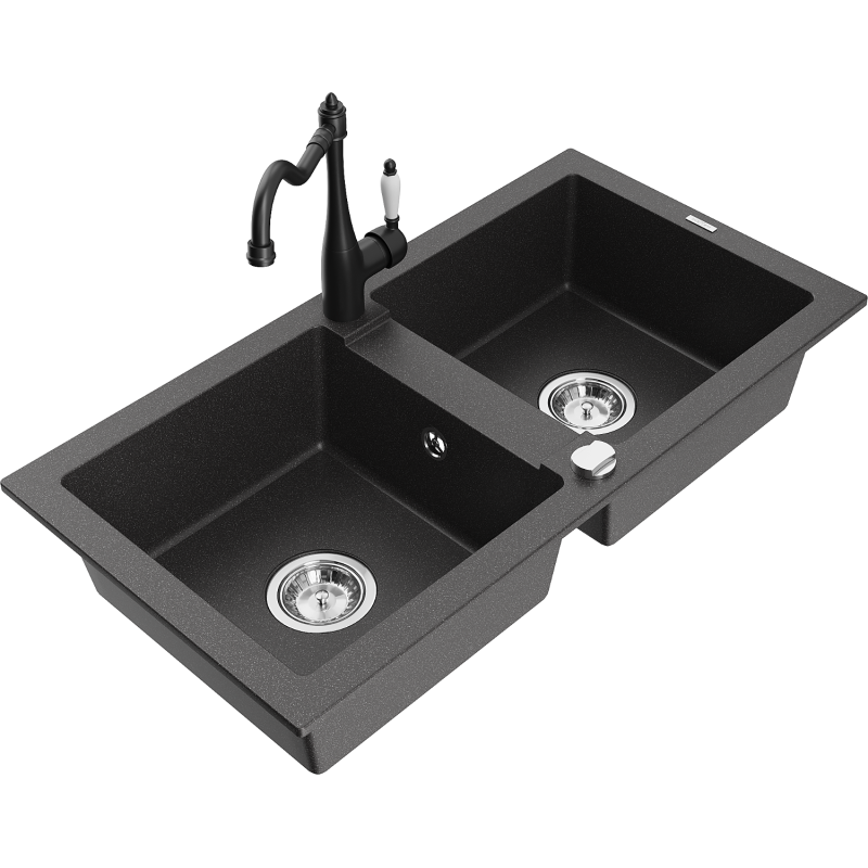 Mexen Mario granite sink 2-bowl with Carla kitchen tap, black speckled - 6504-76-670700-70
