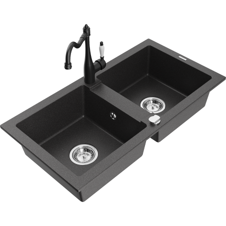Mexen Mario 2-bowl granite sink with Carla kitchen faucet, speckled black - 6504-76-670700-70