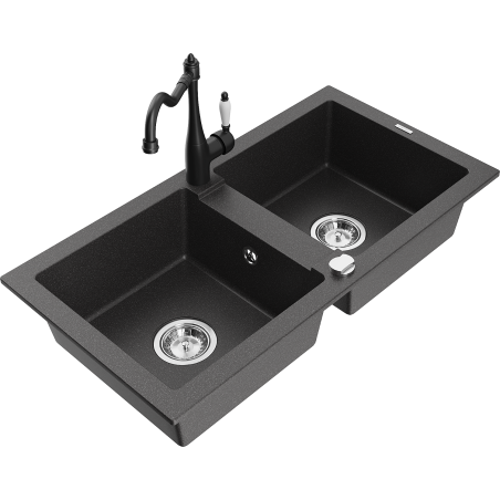 Mexen Mario granite sink 2-bowl with Carla kitchen tap, black speckled - 6504-76-670700-70