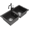 Mexen Mario granite sink 2-bowl with Carla kitchen tap, black speckled - 6504-76-670700-70
