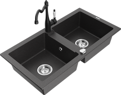 Mexen Mario 2-bowl granite sink with kitchen faucet Carla, speckled black - 6504-76-670700-70
