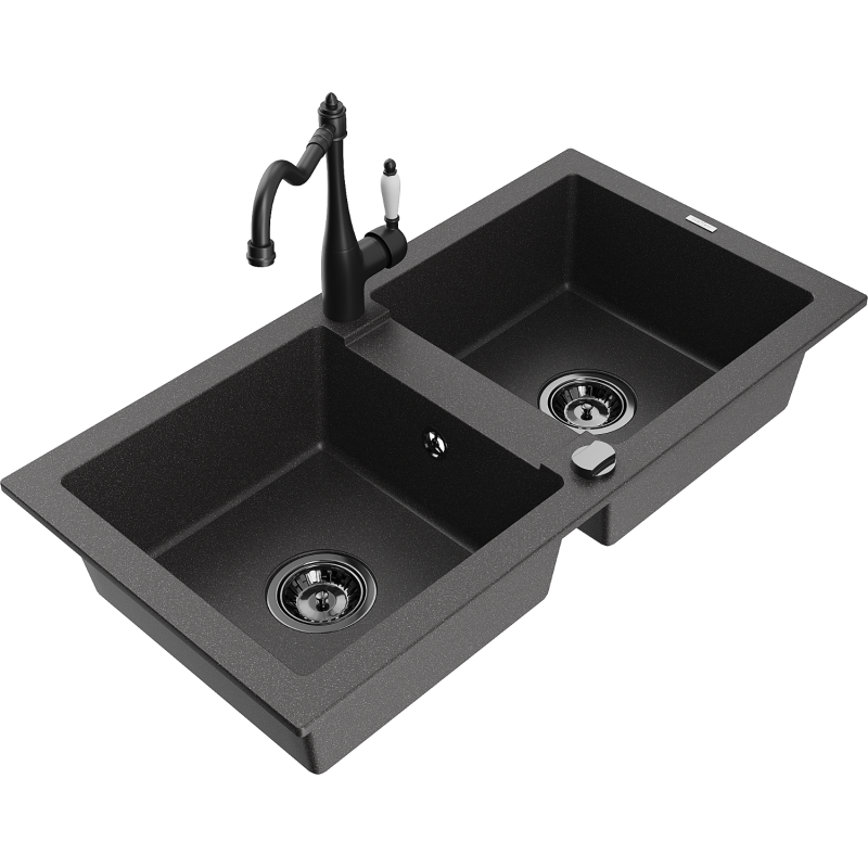 Mexen Mario granite kitchen sink 2-bowl with kitchen faucet Carla, black speckled - 6504-76-670700-70-B