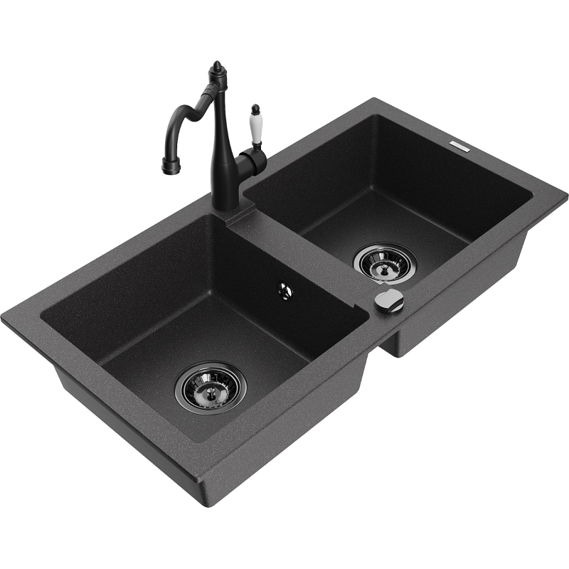 Mexen Mario granite sink 2-bowl with Carla kitchen tap, black speckled - 6504-76-670700-70-B