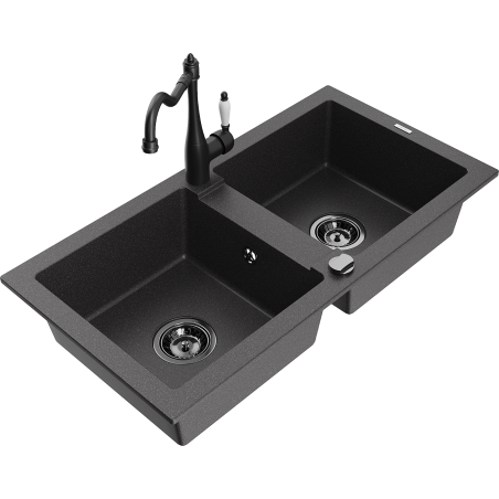 Mexen Mario granite kitchen sink 2-bowl with kitchen faucet Carla, black speckled - 6504-76-670700-70-B