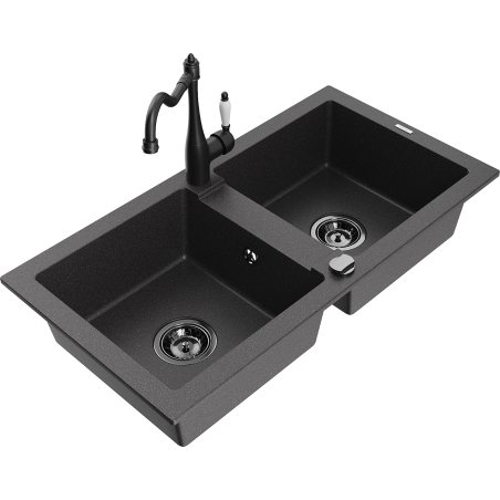 Mexen Mario granite sink 2-bowl with Carla kitchen tap, black speckled - 6504-76-670700-70-B