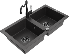 Mexen Mario granite sink 2-bowl with Carla kitchen tap, black speckled - 6504-76-670700-70-B