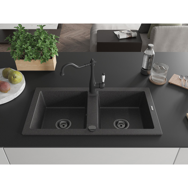 Mexen Mario granite kitchen sink 2-bowl with kitchen faucet Carla, black speckled - 6504-76-670700-70-B
