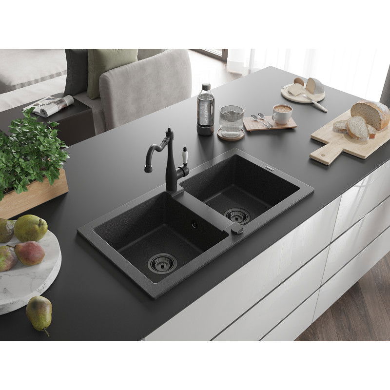 Mexen Mario granite sink 2-bowl with Carla kitchen tap, black speckled - 6504-76-670700-70-B