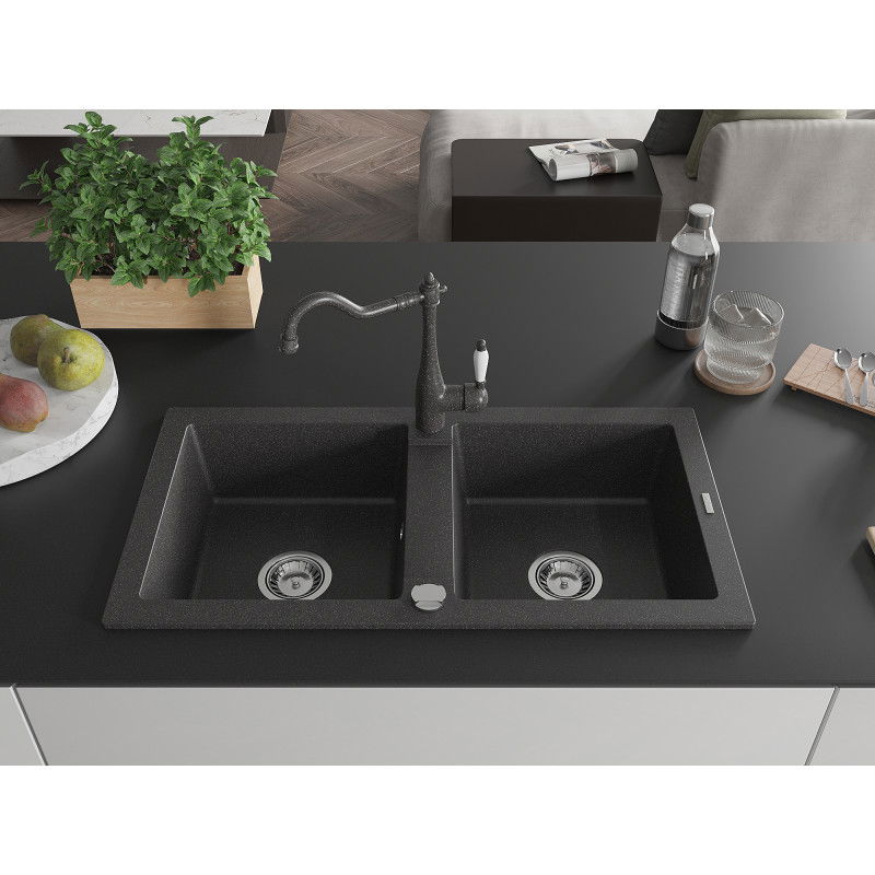 Mexen Mario granite 2-bowl kitchen sink with Carla kitchen tap, speckled black - 6504-76-670700-76