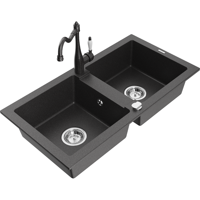 Mexen Mario 2-bowl granite sink with Carla kitchen faucet, black speckled - 6504-76-670700-76