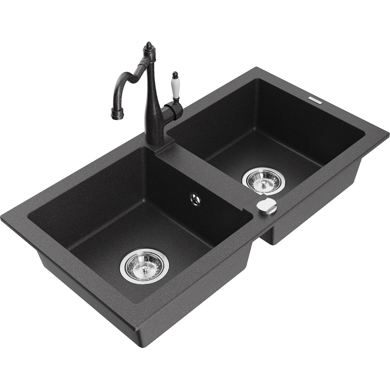 Mexen Mario granite 2-bowl kitchen sink with Carla kitchen tap, speckled black - 6504-76-670700-76