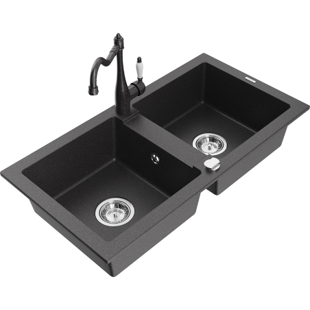 Mexen Mario 2-bowl granite sink with Carla kitchen faucet, black speckled - 6504-76-670700-76