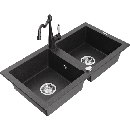 Mexen Mario granite 2-bowl kitchen sink with Carla kitchen tap, speckled black - 6504-76-670700-76