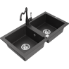 Mexen Mario granite double-bowl sink with Carla kitchen faucet, speckled black - 6504-76-670700-76