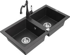 Mexen Mario granite double-bowl sink with Carla kitchen faucet, speckled black - 6504-76-670700-76