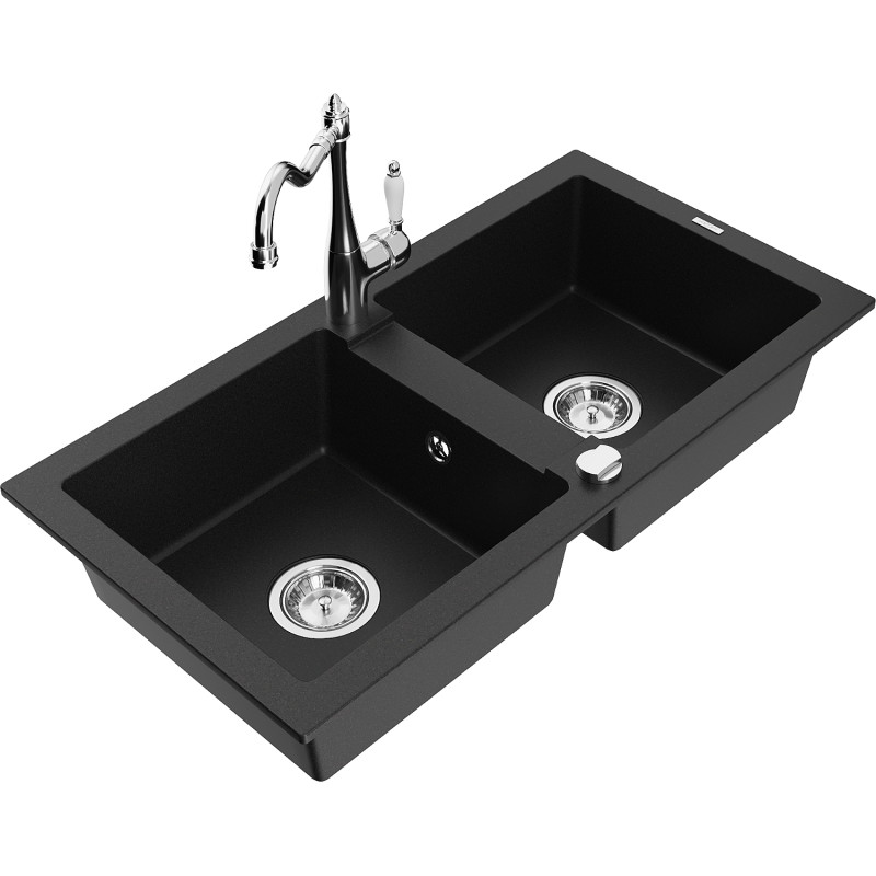 Mexen Mario granite double-bowl sink with Carla kitchen faucet, black - 6504-77-670700-00