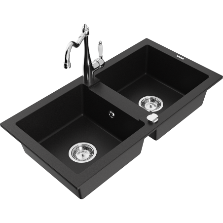 Mexen Mario 2-bowl granite sink with kitchen faucet Carla, black - 6504-77-670700-00